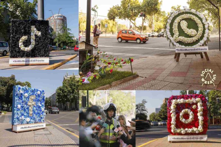 App-logo's in bloemenkransen: de shockcampagne tegen het gebruik van mobiele telefoons tijdens het rijden						


