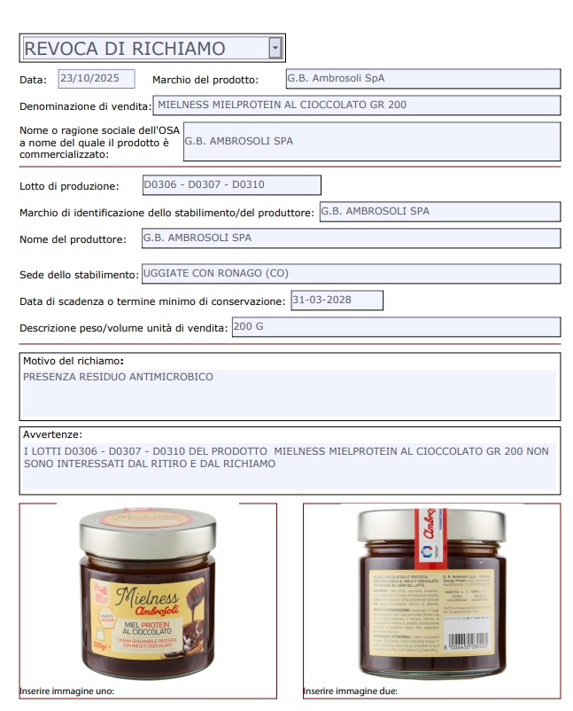 intrekking van de terugroepactie voor Ambrosoli-chocoladehoning