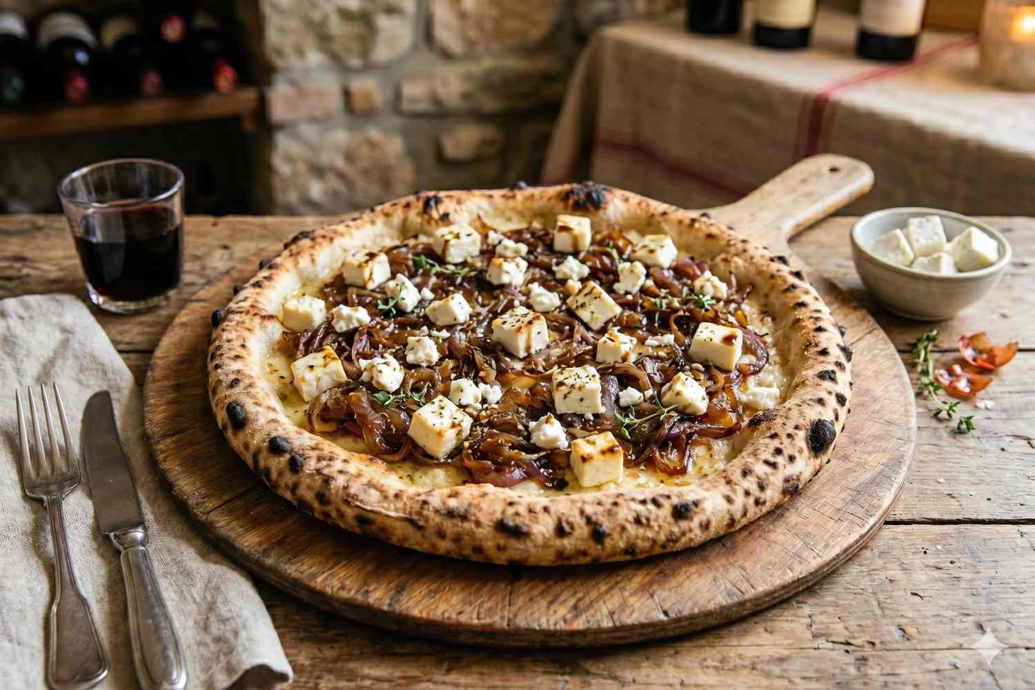 feta pizza en gekarameliseerde uien