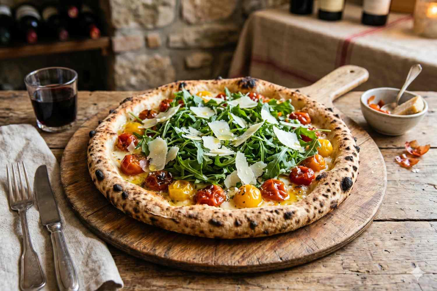 pizza, kerstomaatjes en rucola