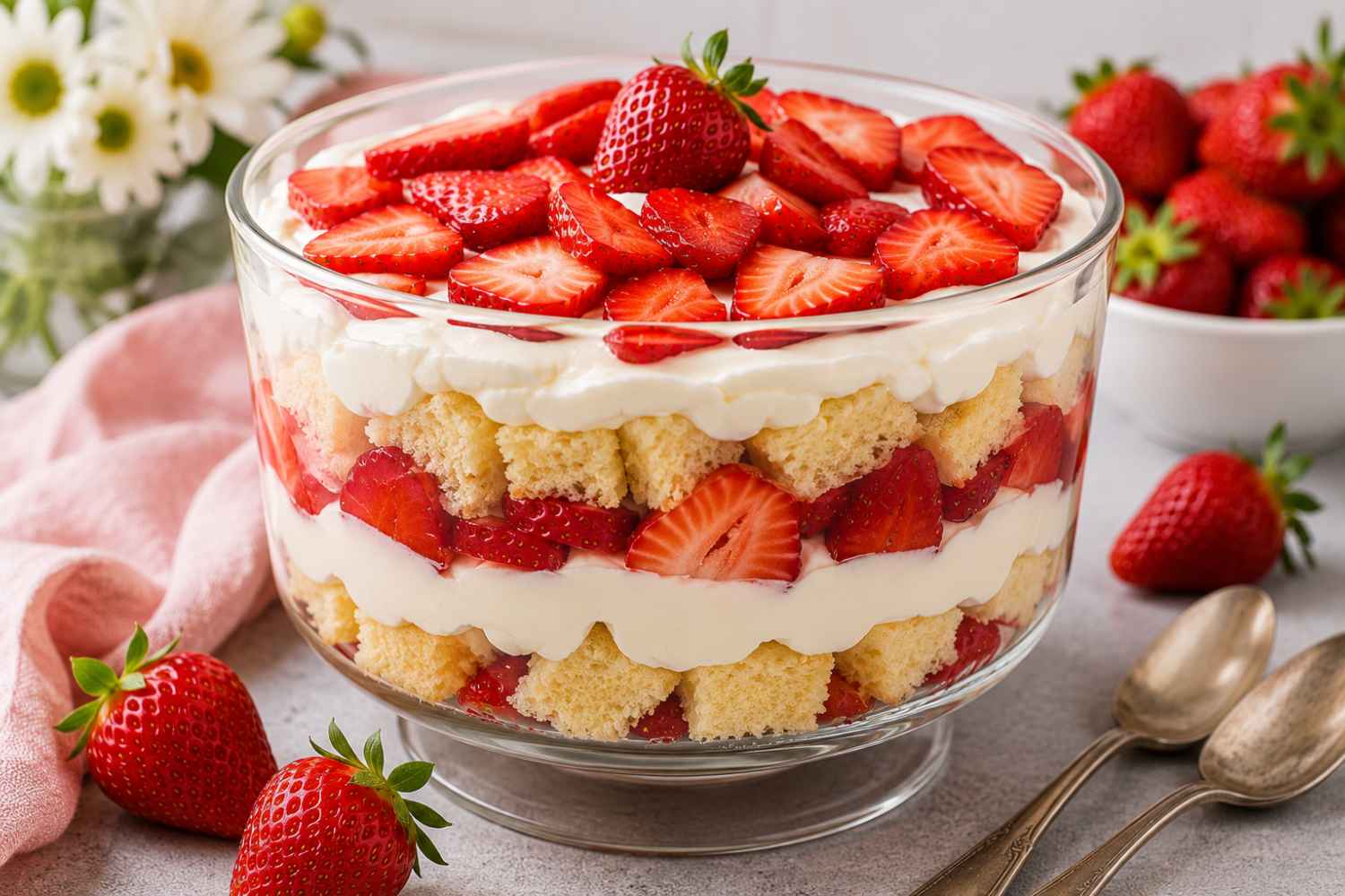trifle biscuitgebak en aardbeien