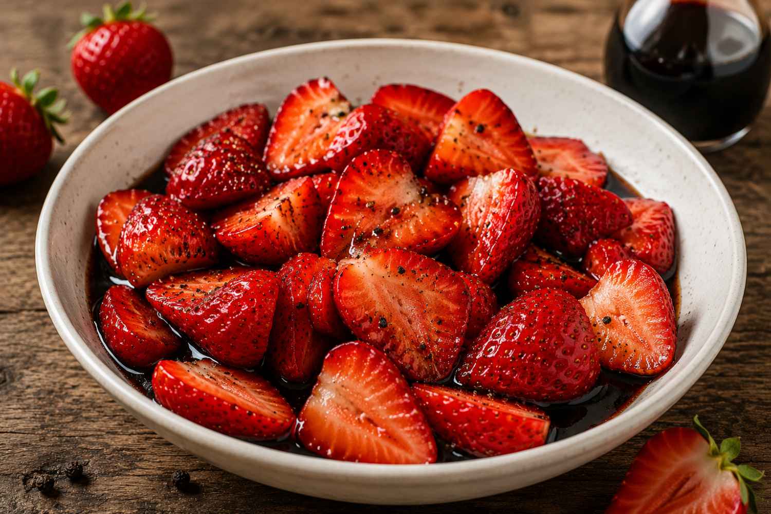 aardbeien, peper en balsamico