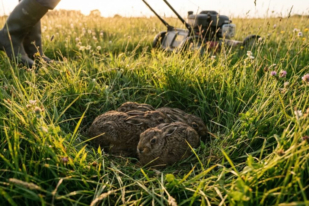 Prima di falciare il prato fermati: potresti avere un nido di leprotti nascosto tra l