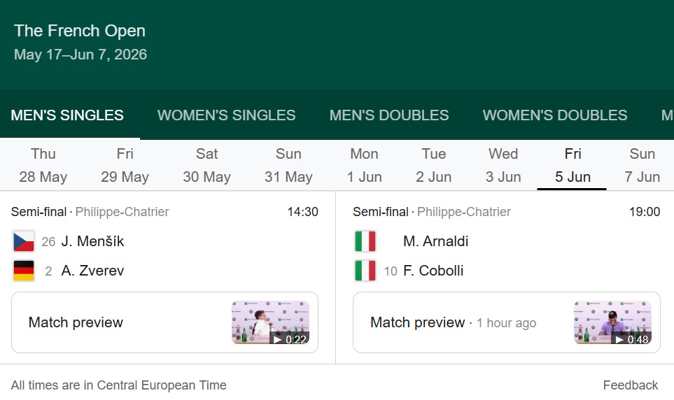 Roland Garros halve finale heren enkelspel 2026