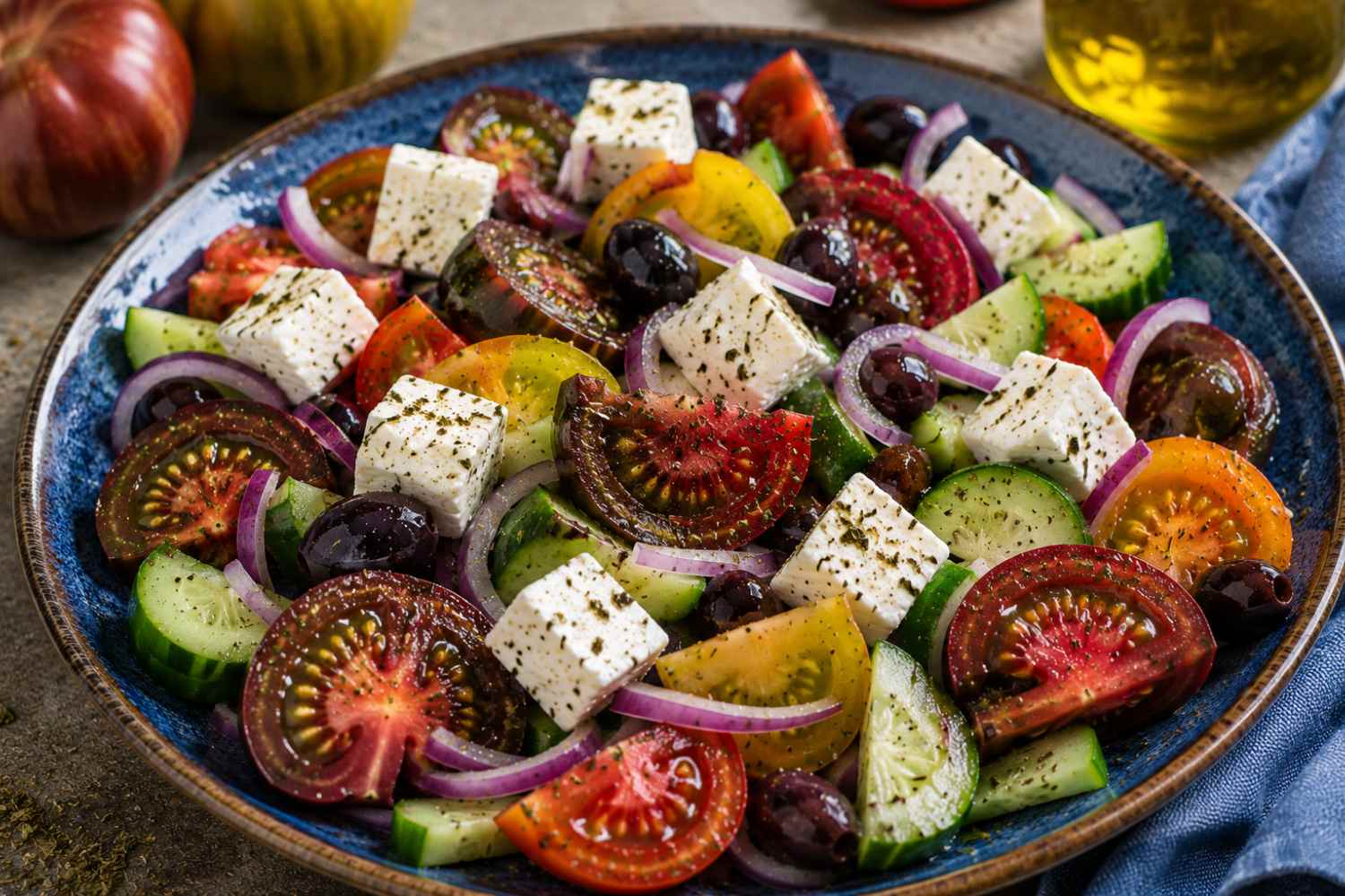 Griekse salade met gestreepte tomaten