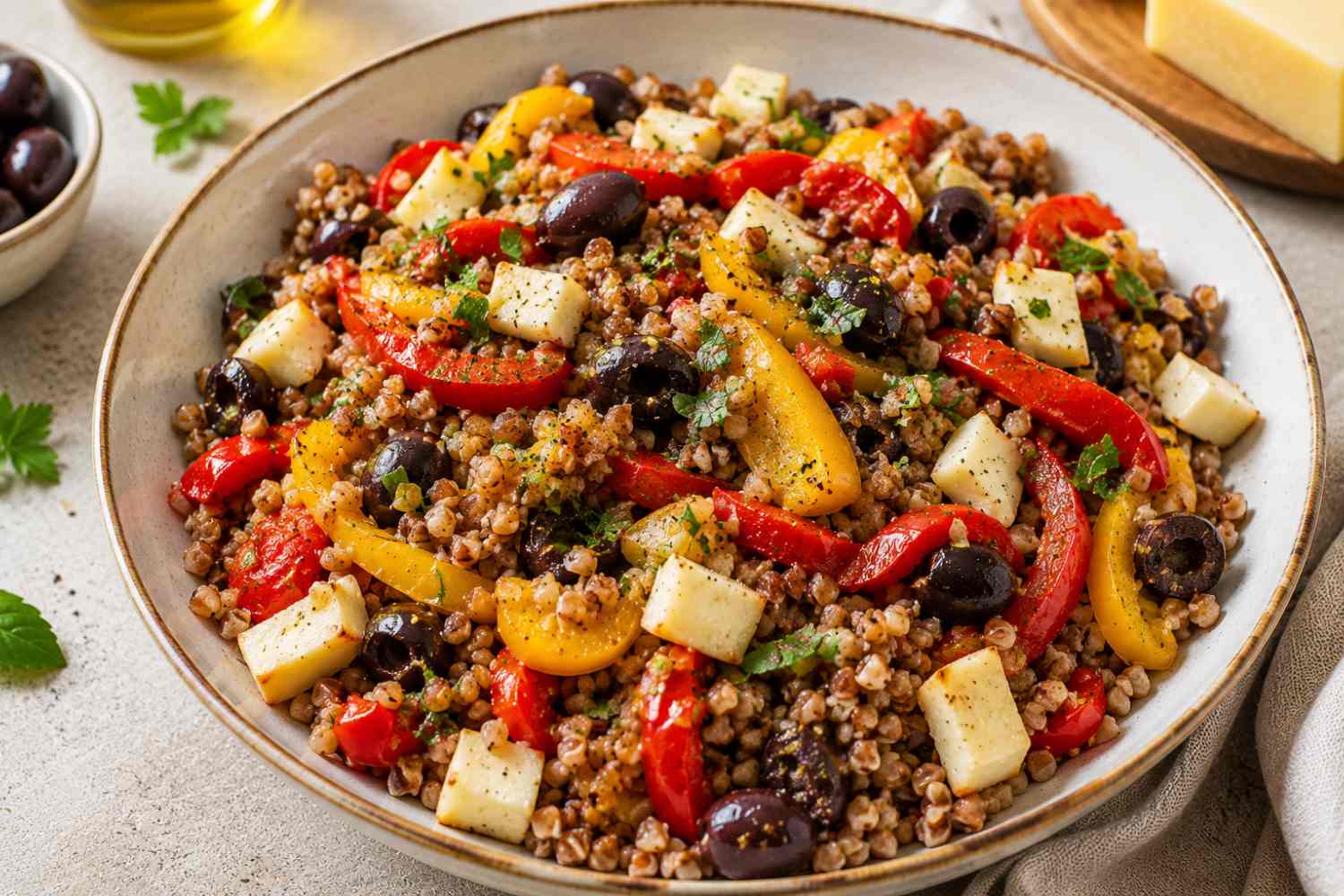 Boekweit met paprika, olijven en scamorza