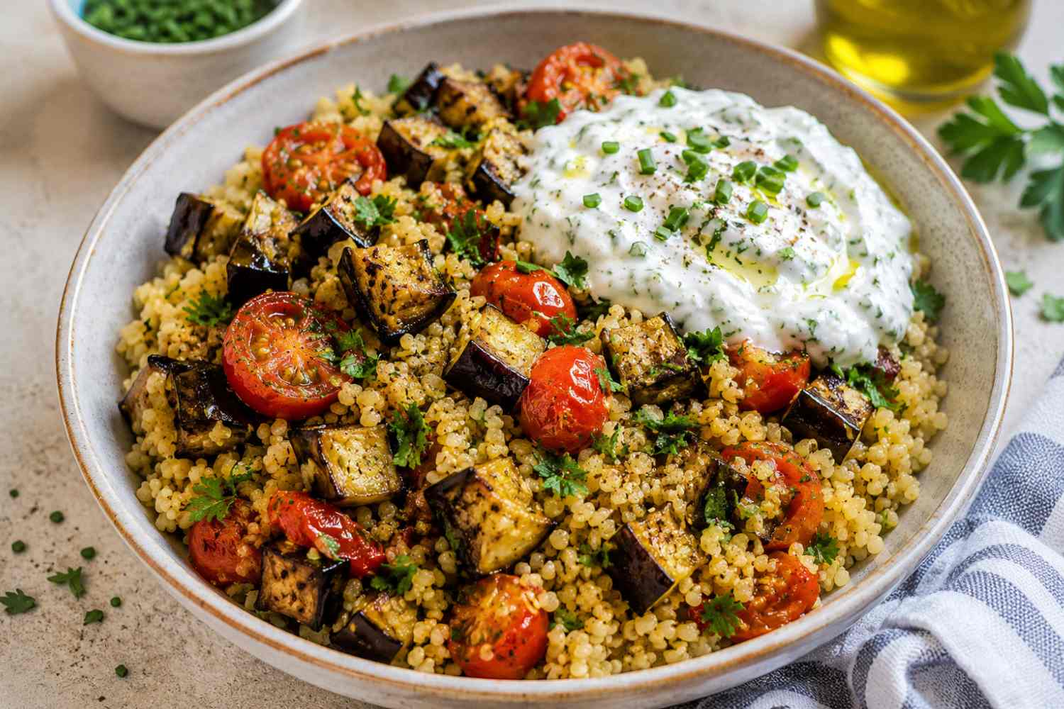 Bulgur met geroosterde aubergines en kruidenyoghurt