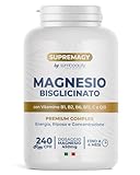 SUPREMAGY MAGNESIUM BISGLYCINAAT 450 mg (4 maanden voorraad) 240 CPR - Compleet magnesium | Vitamine B12, B1, B2, B6, C en co-enzym Q10 | Supplement voor fysieke en mentale vermoeidheid - Veganistisch en gemaakt in Italië