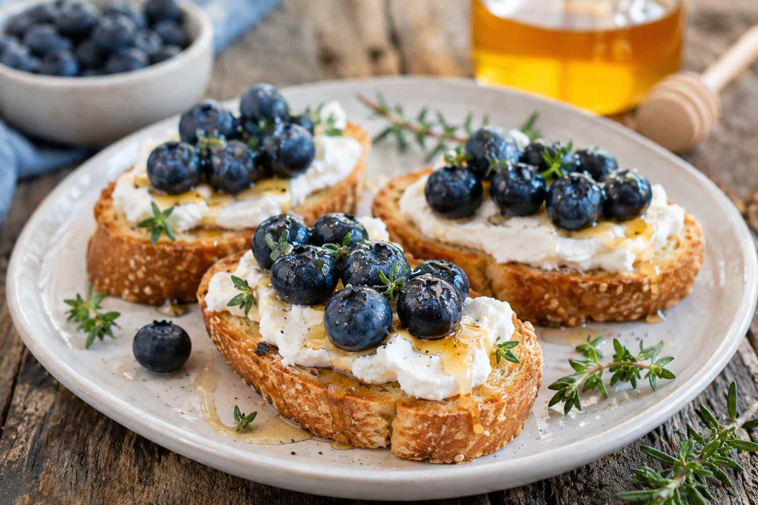 bruschetta met honing en bosbessen