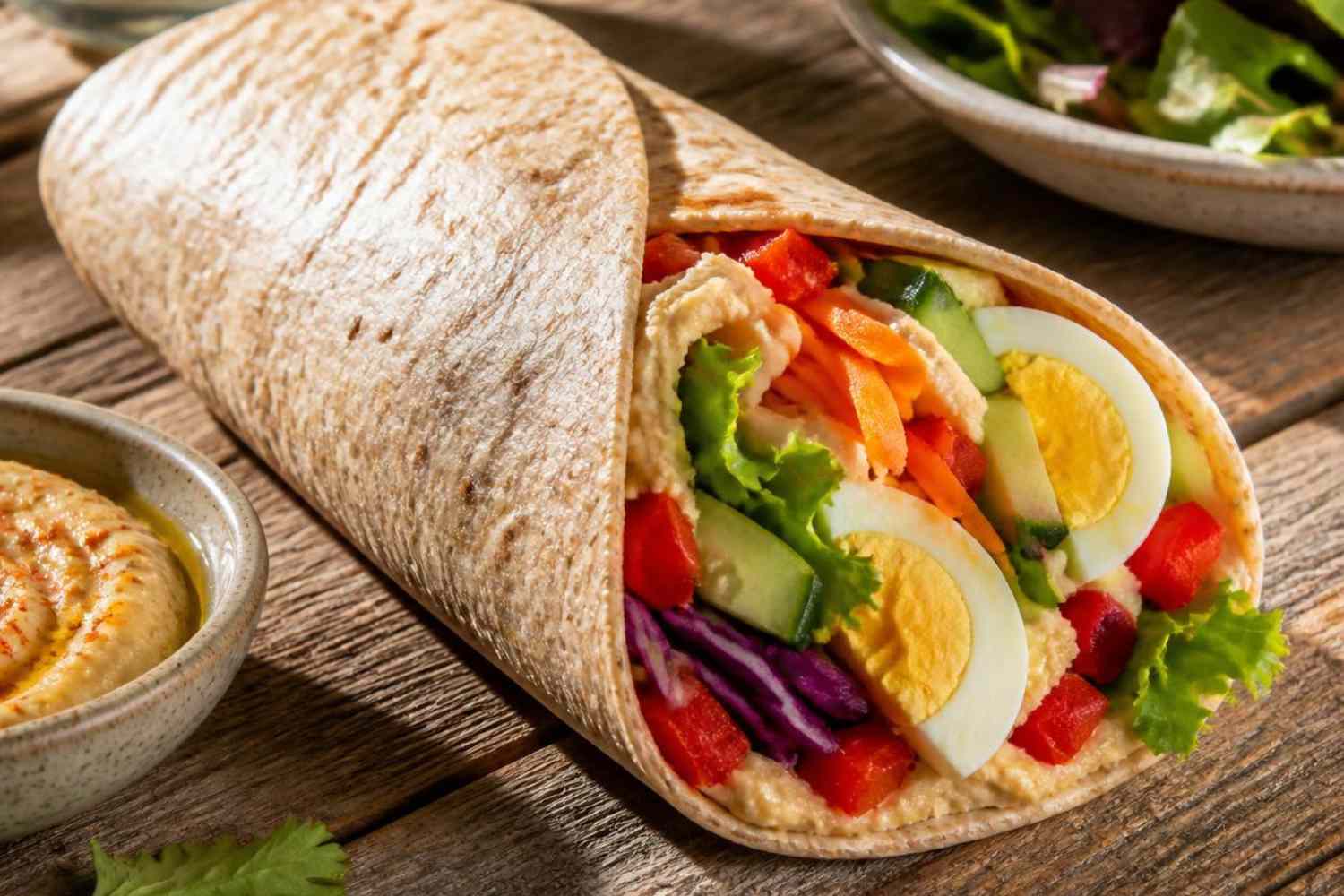 Volkorenwrap met hummus, eieren en knapperige groenten