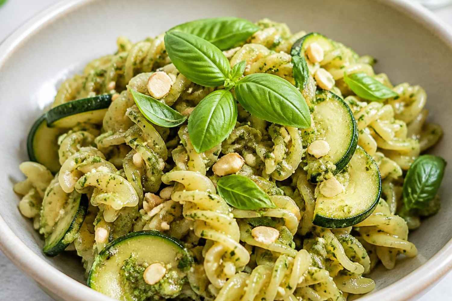Koude pasta met pesto van courgette en amandel