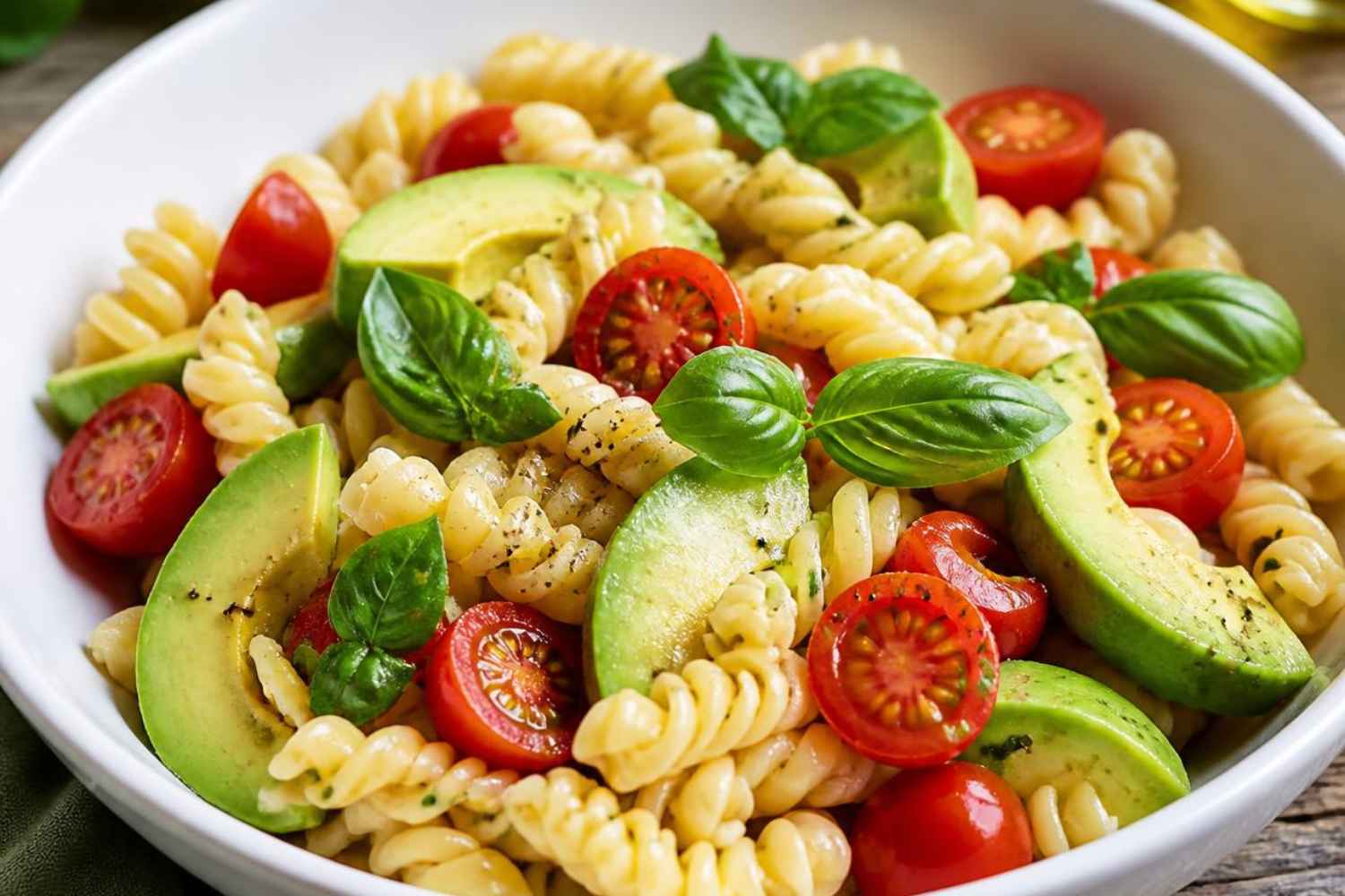 Koude pasta met kerstomaatjes, avocado en basilicum