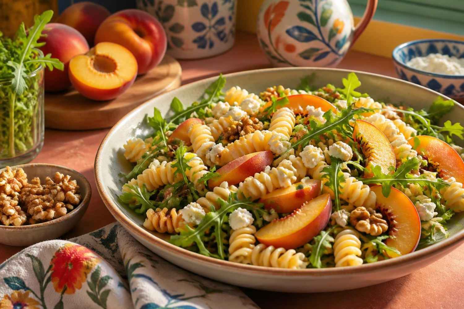 walnootpasta, perziken en rucola