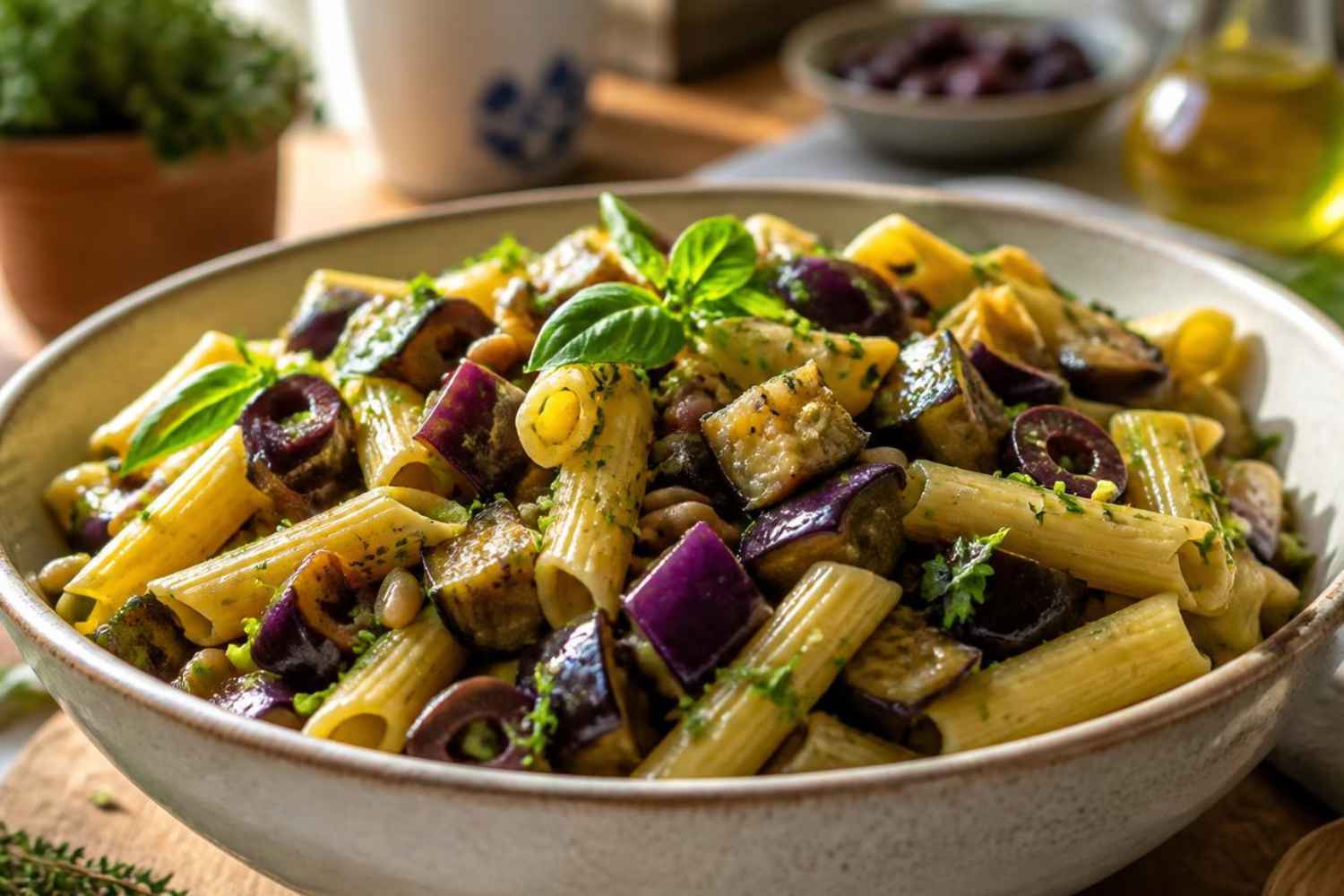 Koude pasta met aubergine en olijven