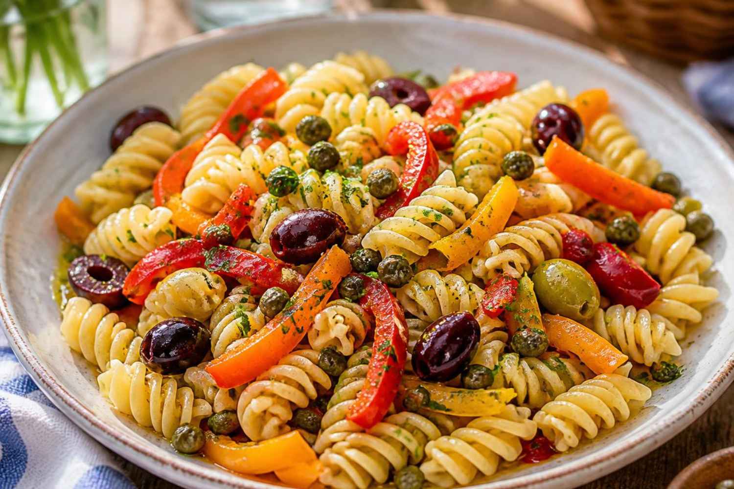 koude pasta, paprika, olijven en kappertjes