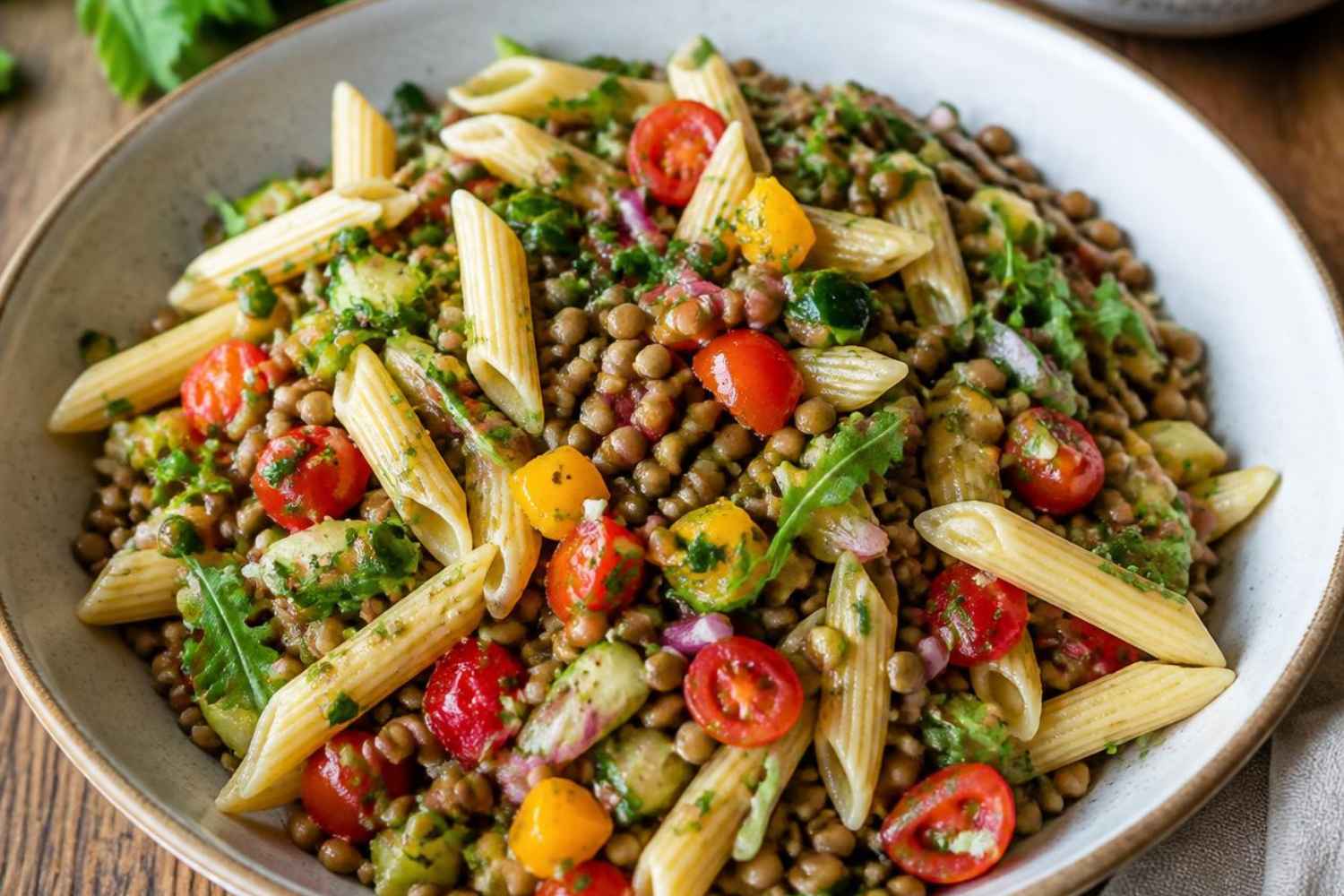 Koude pasta met linzen en groenten