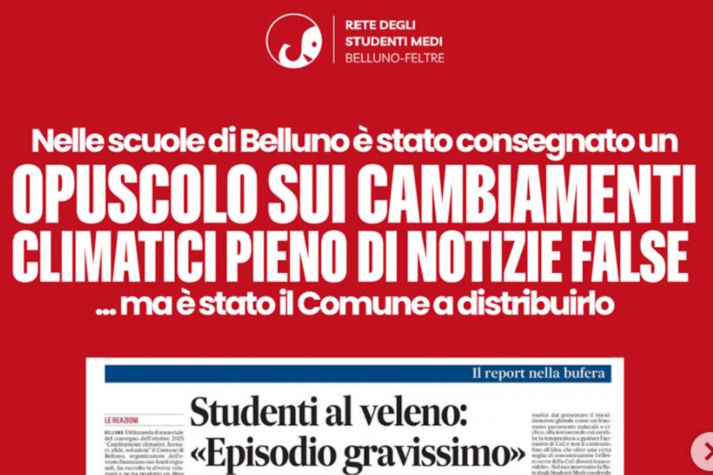 Storm in Belluno tegen de 'ontkenningstekst' over klimaatverandering die op scholen wordt verspreid