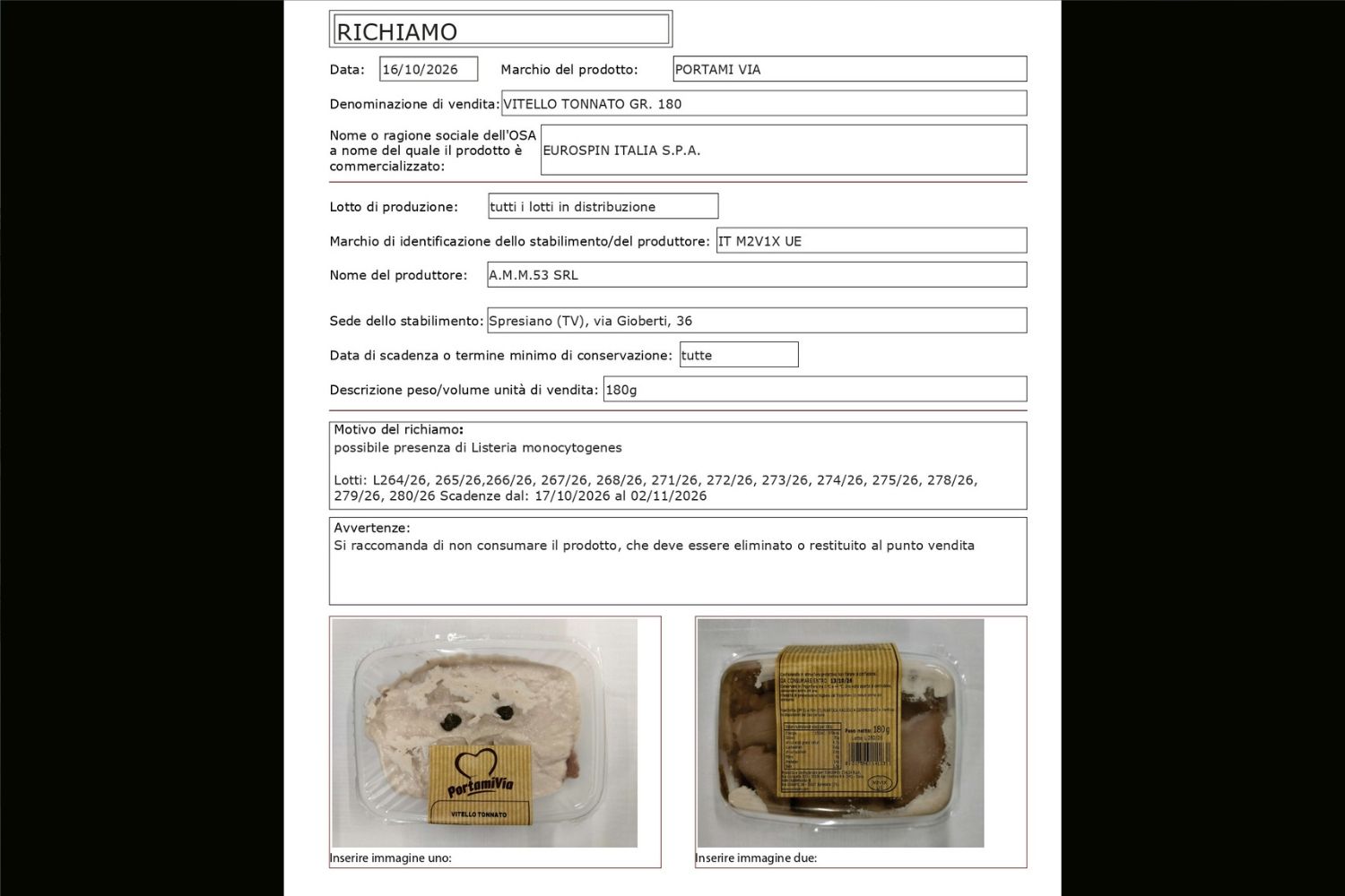 kalfsvlees met tonijnsaus 180g terugroepactie